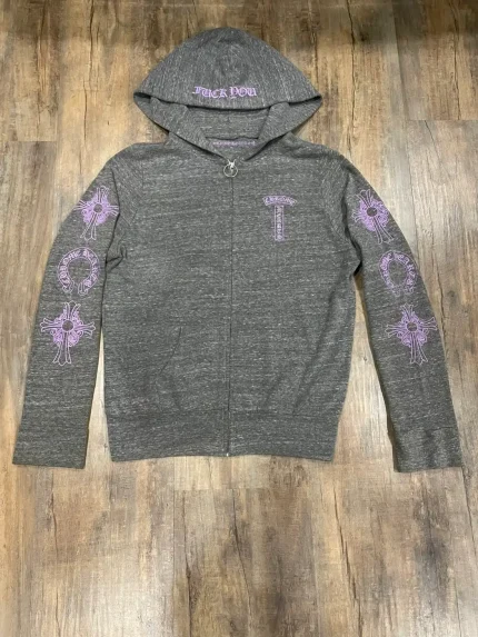 RARE Chrome Hearts Floral Cross Pink Logo Zip Up Grey Hoodie